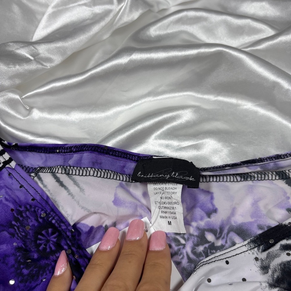 y2k Brittany Black Floral Animal Print Top Purple Rhinestone Ruched M - Picture 4 of 6